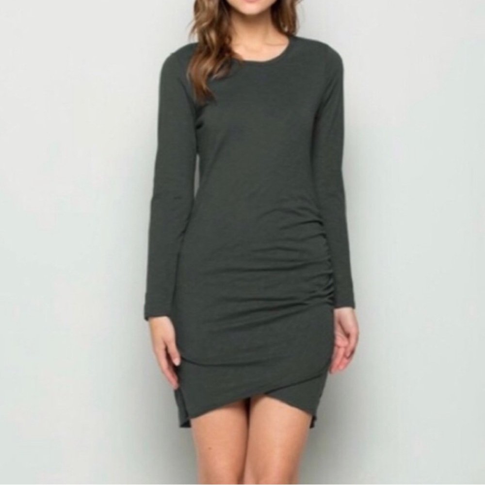Wasabi + Mint Hunter Green Side-Ruched Long-sleeve Dress Sz L